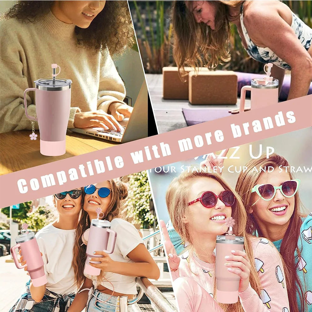 Set de 9 Accesorios para Taza – Tapones Antiderrame + Pajillas + Adornos Florales