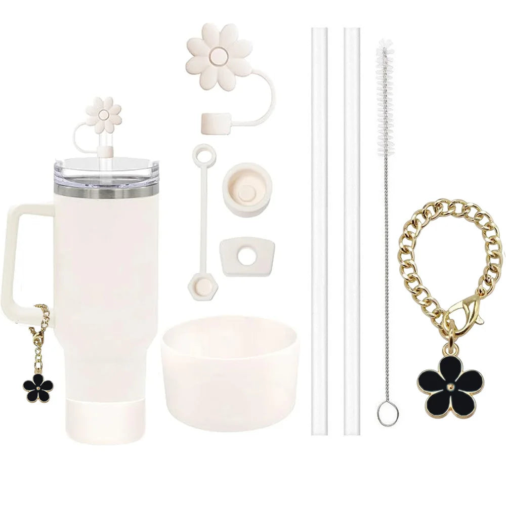 Set de 9 Accesorios para Taza – Tapones Antiderrame + Pajillas + Adornos Florales