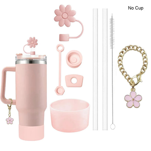Set de 9 Accesorios para Taza – Tapones Antiderrame + Pajillas + Adornos Florales