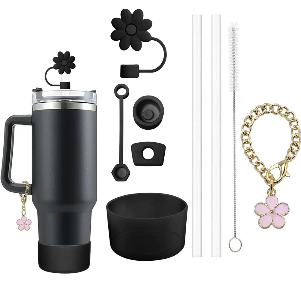 Set de 9 Accesorios para Taza – Tapones Antiderrame + Pajillas + Adornos Florales