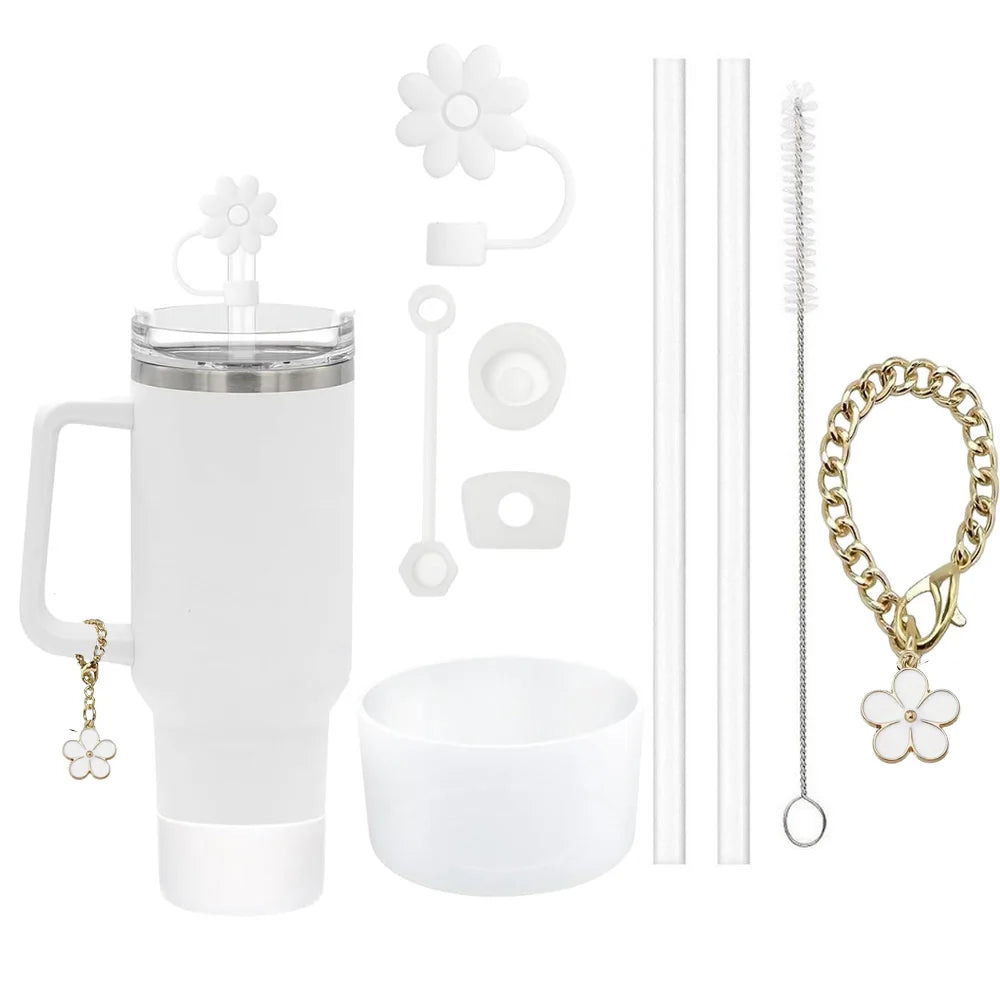 Set de 9 Accesorios para Taza – Tapones Antiderrame + Pajillas + Adornos Florales
