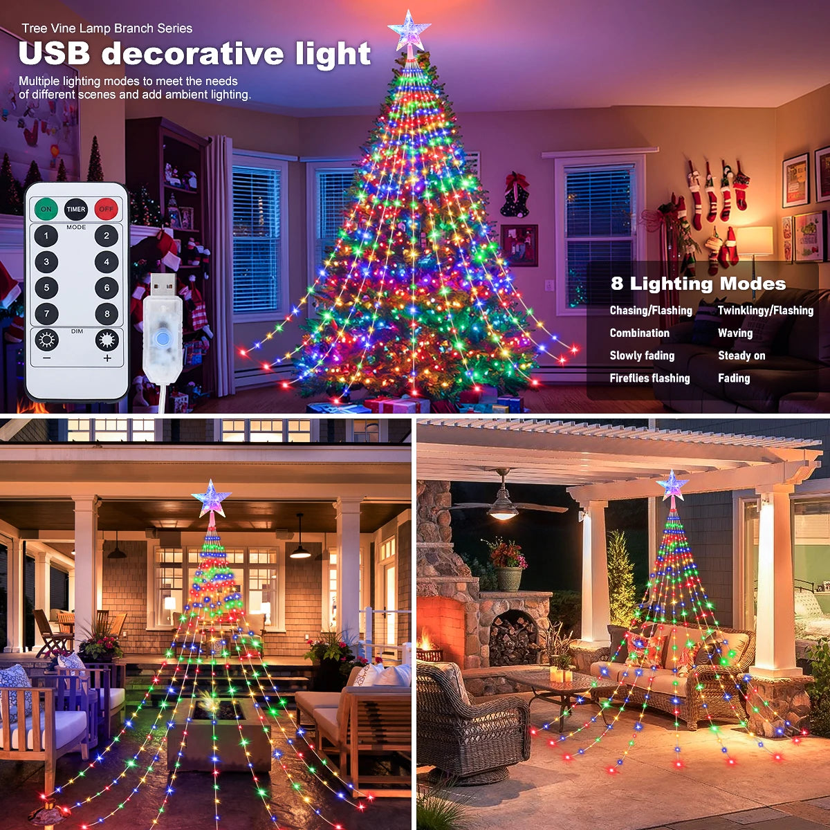 LED Outdoor Christmas Tree Decorations Lights USB 2/3M Waterproof Fairy String Lights 8 Modes Indoor Yard Wedding Party Lighting
