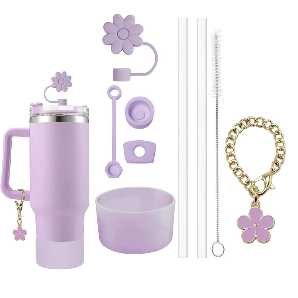 Set de 9 Accesorios para Taza – Tapones Antiderrame + Pajillas + Adornos Florales